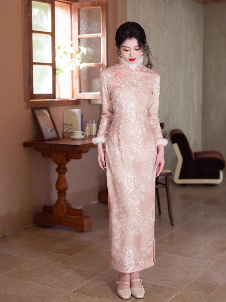 Beth and Brian Qipao-JQZ Winter collection, leaf pattern long Qipao with Fur-Trimmed (removable) Sleeves