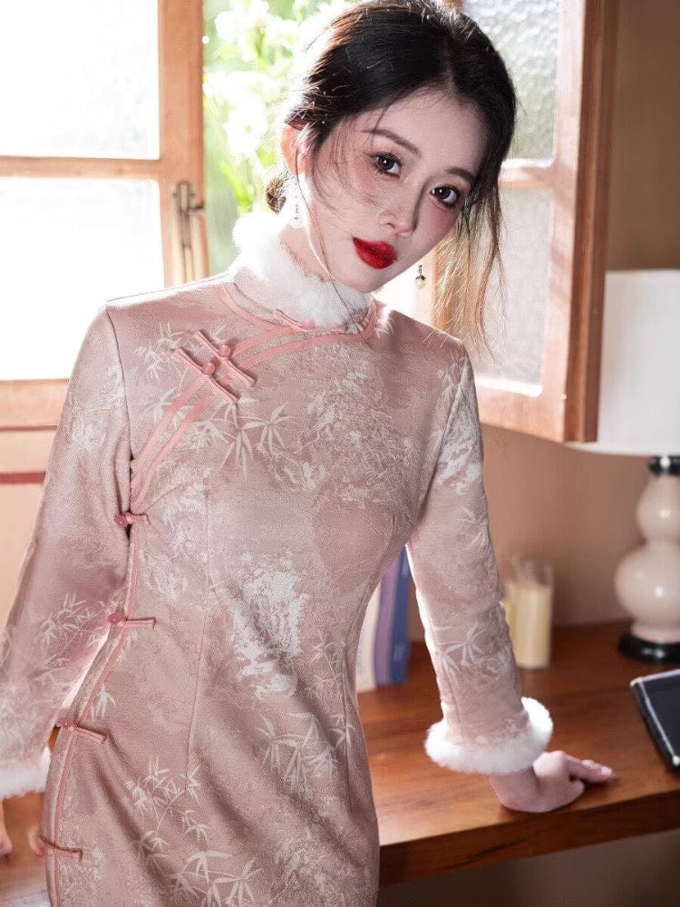 Beth and Brian Qipao-JQZ Winter collection, leaf pattern long Qipao with Fur-Trimmed (removable) Sleeves