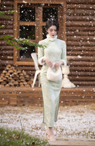 Beth and Brian Qipao-JQZ Winter collection, leaf pattern long Qipao with Fur-Trimmed (removable) Sleeves