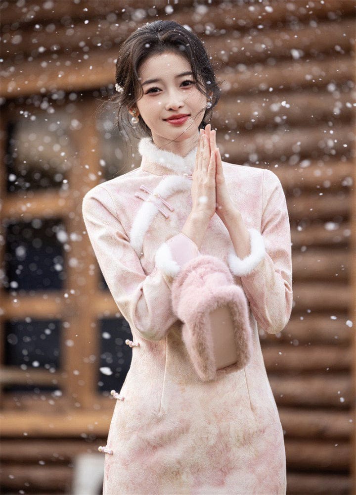 Beth and Brian Qipao-JH Winter collection, floral pattern, daily pink midi Cheongsam