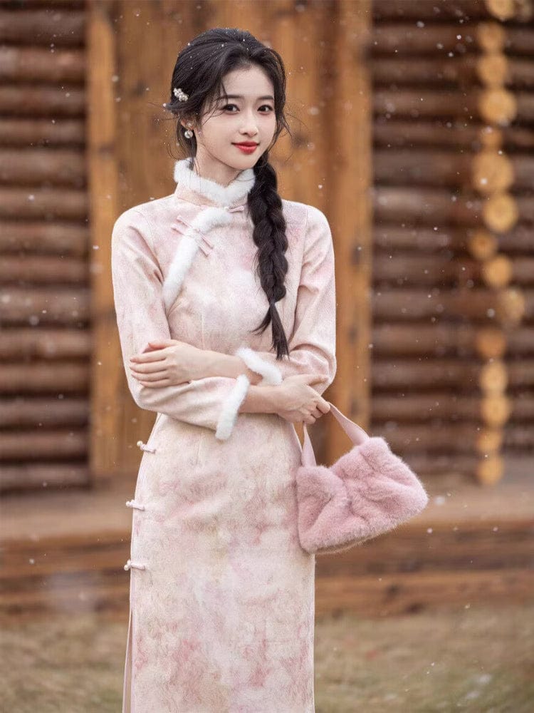 Beth and Brian Qipao-JH Winter collection, floral pattern, daily pink midi Cheongsam