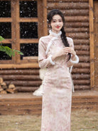 Beth and Brian Qipao-JH Winter collection, floral pattern, daily pink midi Cheongsam