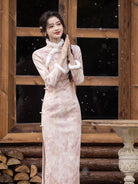 Beth and Brian Qipao-JH Winter collection, floral pattern, daily pink midi Cheongsam