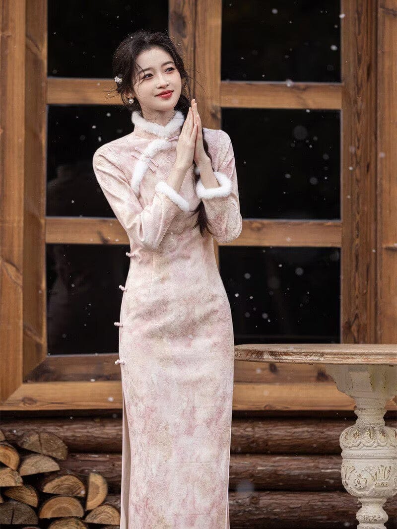 Beth and Brian Qipao-JH Winter collection, floral pattern, daily pink midi Cheongsam