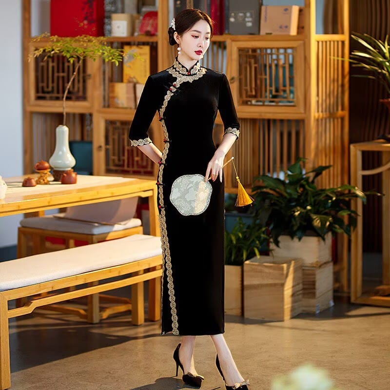 Beth and Brian Qipao-SMQ Fall and winter collection, Velvet fabric, plain pattern long Cheongsam