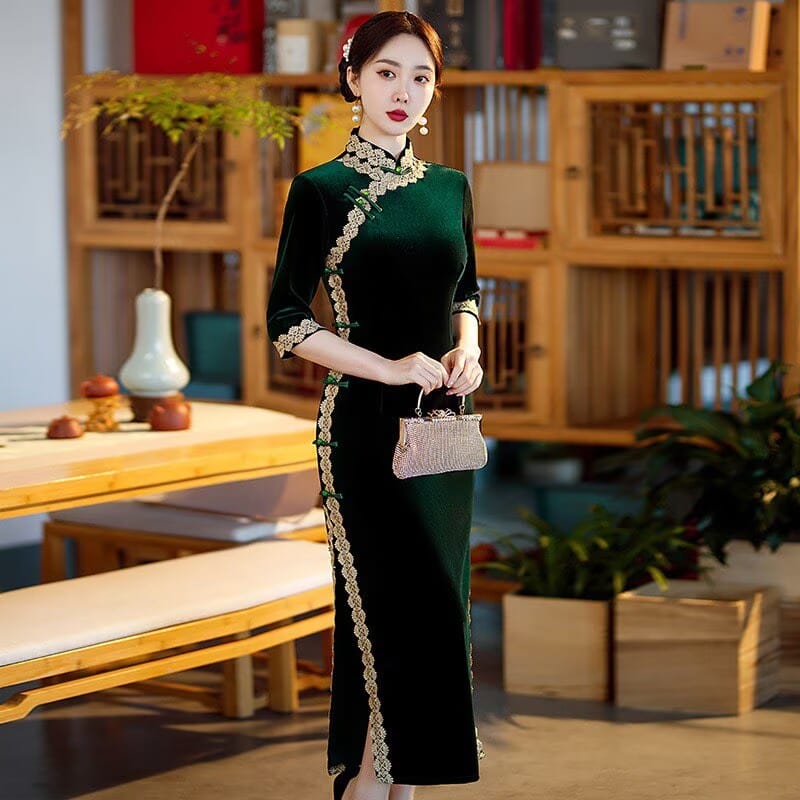 Beth and Brian Qipao-SMQ Fall and winter collection, Velvet fabric, plain pattern long Cheongsam