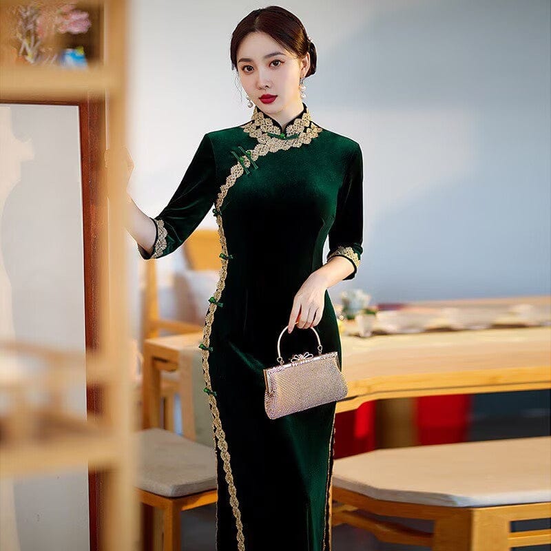 Beth and Brian Qipao-SMQ Fall and winter collection, Velvet fabric, plain pattern long Cheongsam