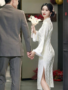 Beth and Brian Qipao-LSB Winter collection, wedding midi Qipao with Fur-Trimmed Sleeves