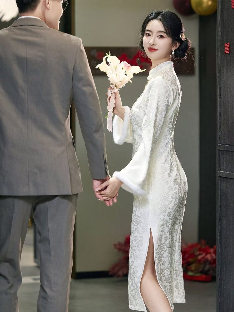 Beth and Brian Qipao-LSB Winter collection, wedding midi Qipao with Fur-Trimmed Sleeves