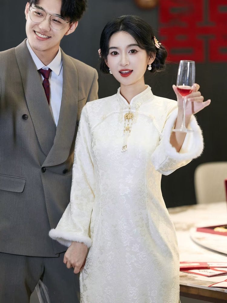 Beth and Brian Qipao-LSB Winter collection, wedding midi Qipao with Fur-Trimmed Sleeves