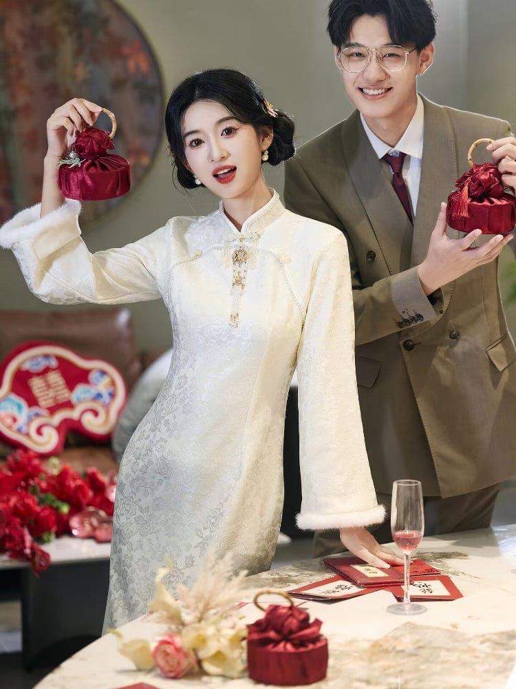 Beth and Brian Qipao-LSB Winter collection, wedding midi Qipao with Fur-Trimmed Sleeves
