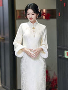 Beth and Brian Qipao-LSB Winter collection, wedding midi Qipao with Fur-Trimmed Sleeves