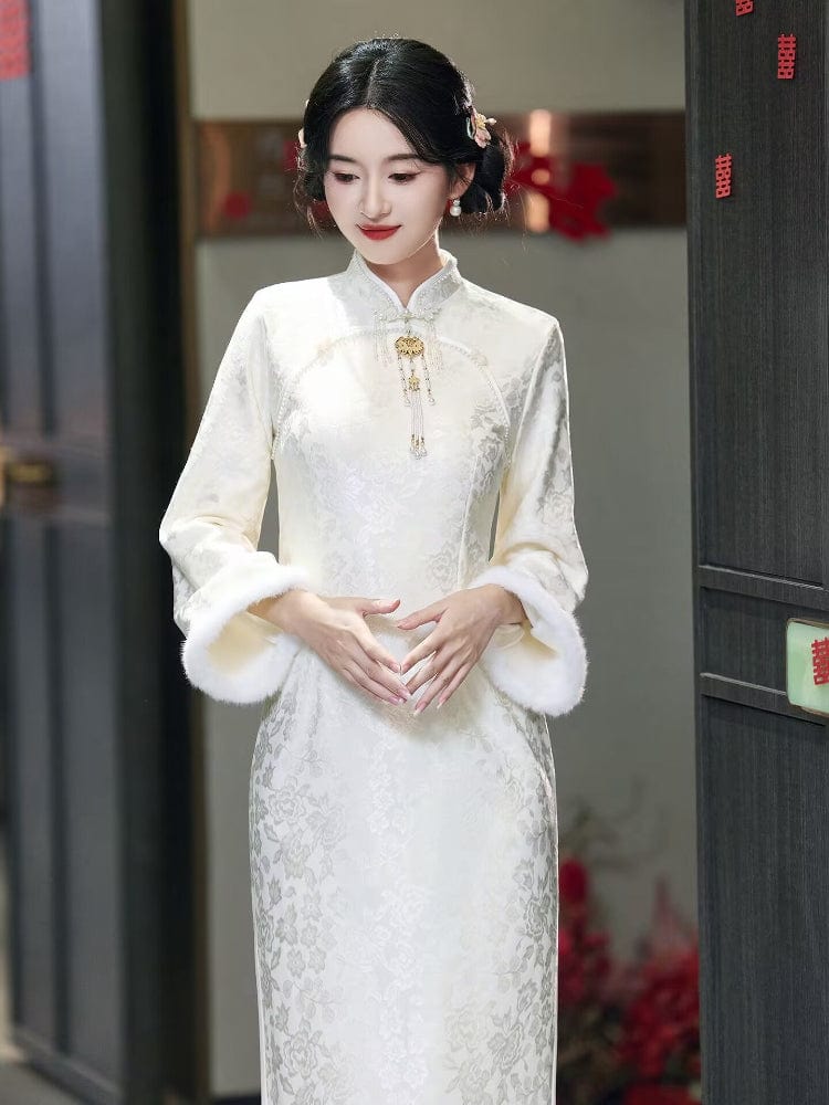 Beth and Brian Qipao-LSB Winter collection, wedding midi Qipao with Fur-Trimmed Sleeves
