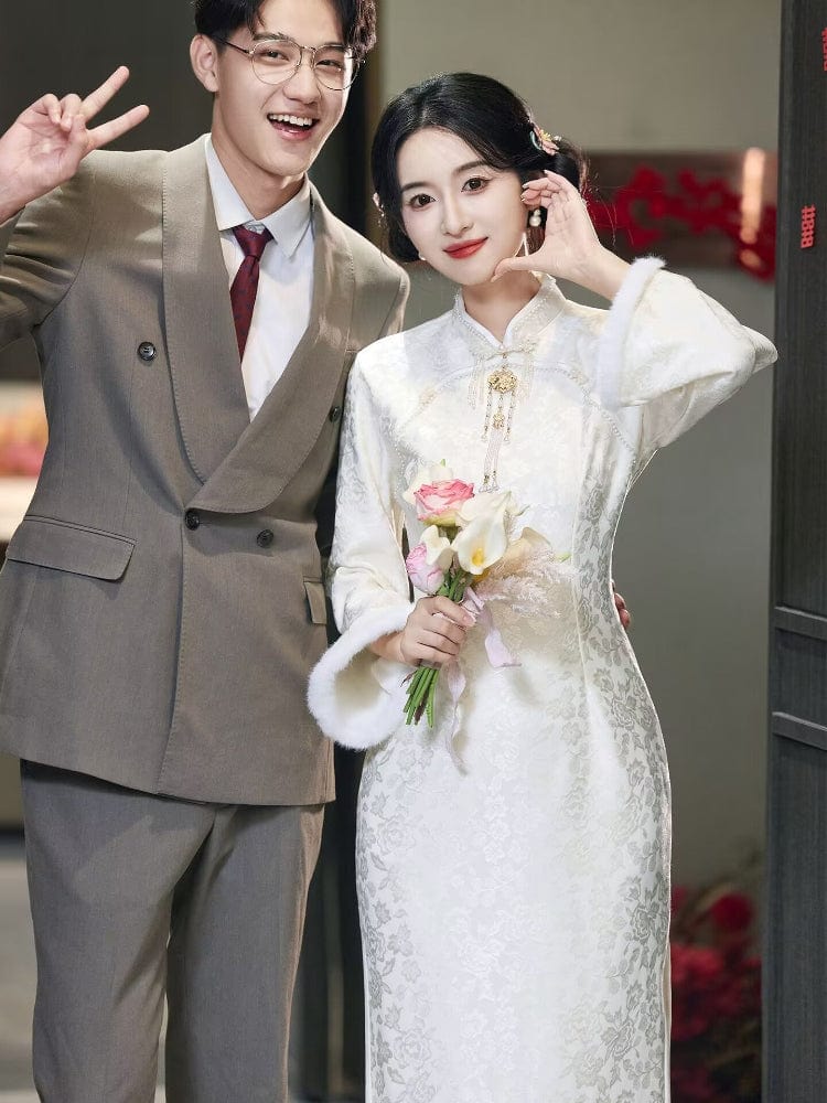 Beth and Brian Qipao-LSB Winter collection, wedding midi Qipao with Fur-Trimmed Sleeves