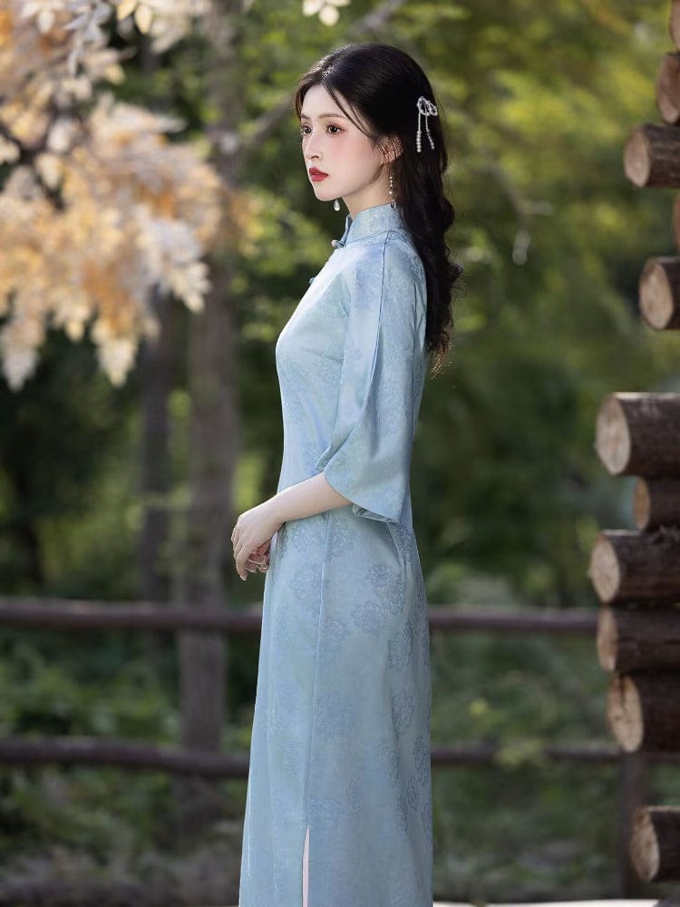 Beth and Brian Qipao-LSB Floral pattern, jacquard fabric, midi Cheongsam with three quarter sleeves