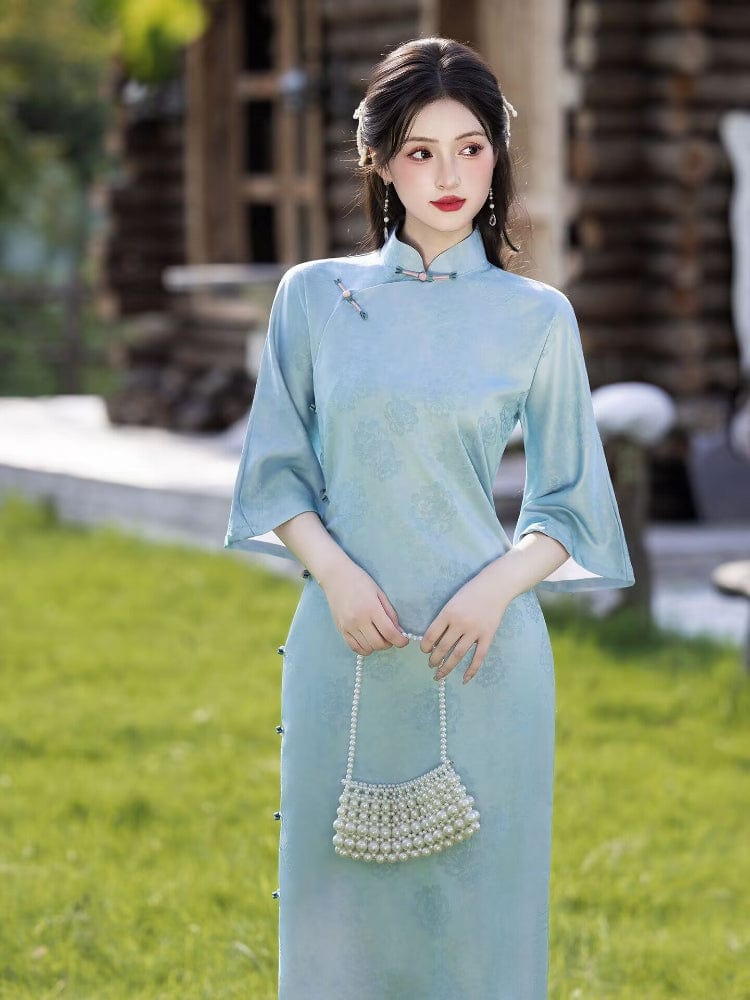 Beth and Brian Qipao-LSB Floral pattern, jacquard fabric, midi Cheongsam with three quarter sleeves