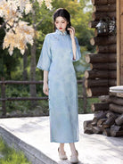 Beth and Brian Qipao-LSB Floral pattern, jacquard fabric, midi Cheongsam with three quarter sleeves