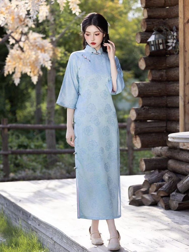 Beth and Brian Qipao-LSB Floral pattern, jacquard fabric, midi Cheongsam with three quarter sleeves