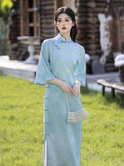 Beth and Brian Qipao-LSB Floral pattern, jacquard fabric, midi Cheongsam with three quarter sleeves