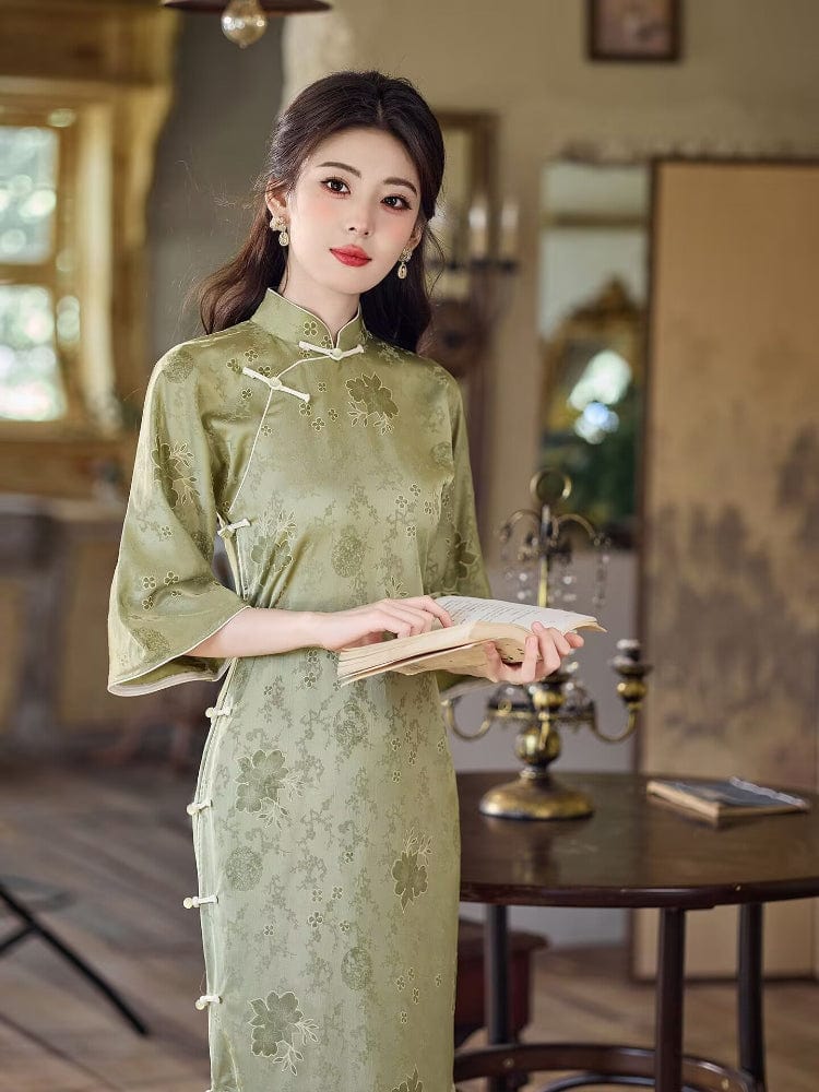 Beth and Brian Qipao-LSB Old Shanghai style, floral pattern, green midi Cheongsam