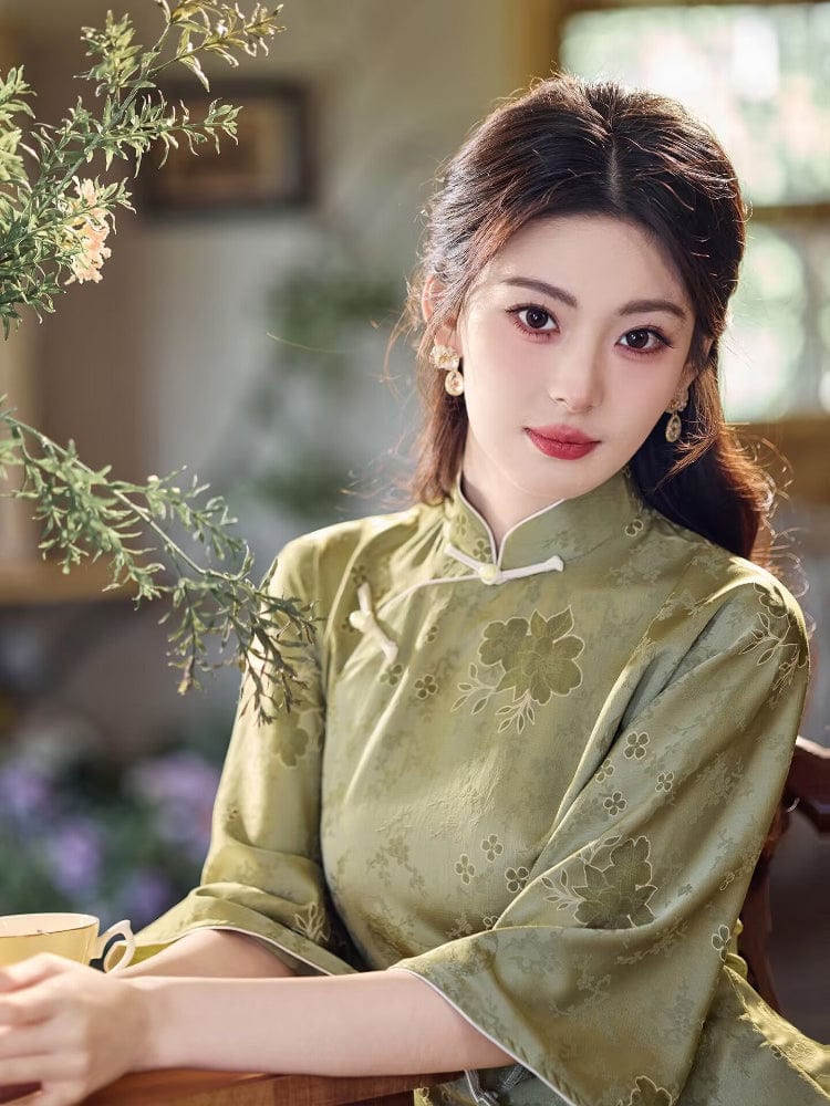 Beth and Brian Qipao-LSB Old Shanghai style, floral pattern, green midi Cheongsam