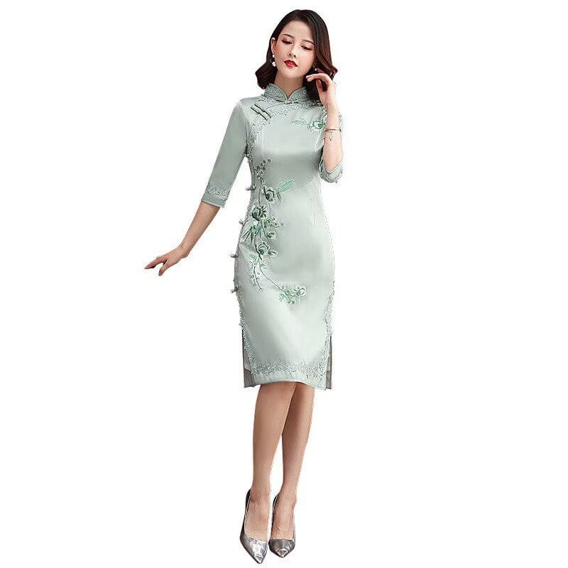 Beth and Brian Qipao-MLS Floral embroidery, silk midi Cheongsam with three quarter sleeves