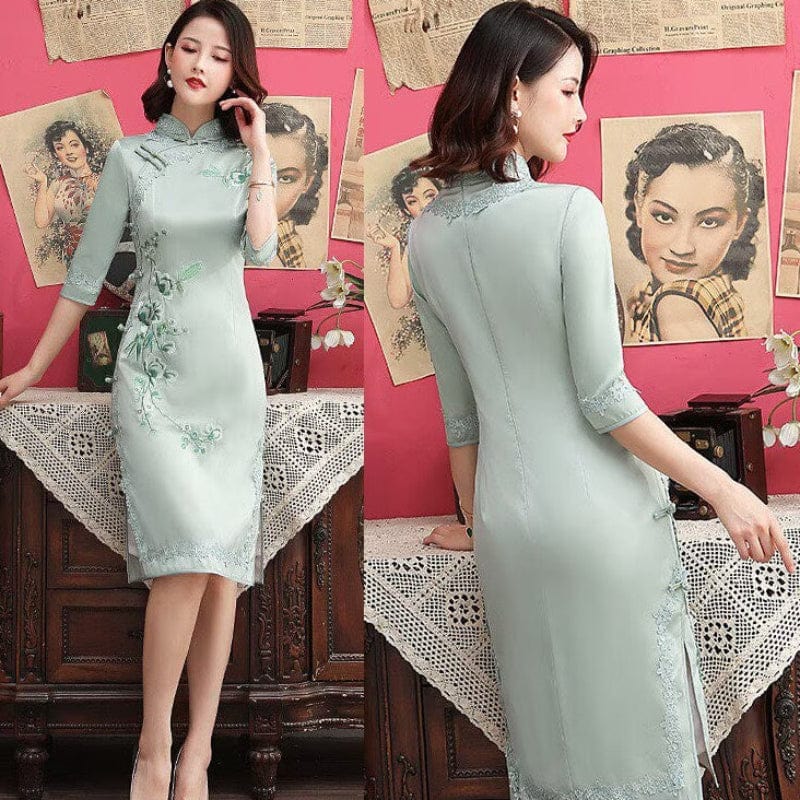 Beth and Brian Qipao-MLS Floral embroidery, silk midi Cheongsam with three quarter sleeves