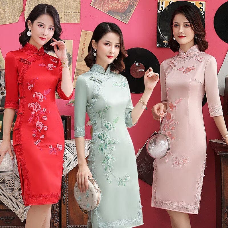 Beth and Brian Qipao-MLS Floral embroidery, silk midi Cheongsam with three quarter sleeves