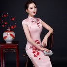 Beth and Brian Qipao-MLS Floral print, pink&green silk long Cheongsam with cap sleeves