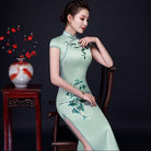 Beth and Brian Qipao-MLS Floral print, pink&green silk long Cheongsam with cap sleeves