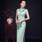 Beth and Brian Qipao-MLS Floral print, pink&green silk long Cheongsam with cap sleeves