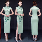 Beth and Brian Qipao-MLS Floral print, pink&green silk long Cheongsam with cap sleeves