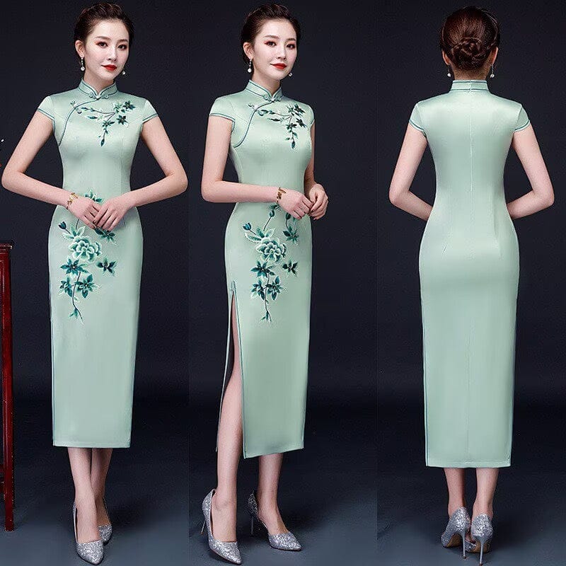 Beth and Brian Qipao-MLS Floral print, pink&green silk long Cheongsam with cap sleeves