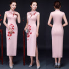 Beth and Brian Qipao-MLS Floral print, pink&green silk long Cheongsam with cap sleeves