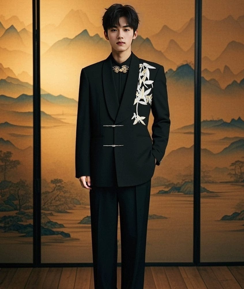 Beth and Brian Qipao-LM Gold bamboo leaf pattern, Men's Chinese Tang Suit Jacket, Chinese style Tang suit Jacket