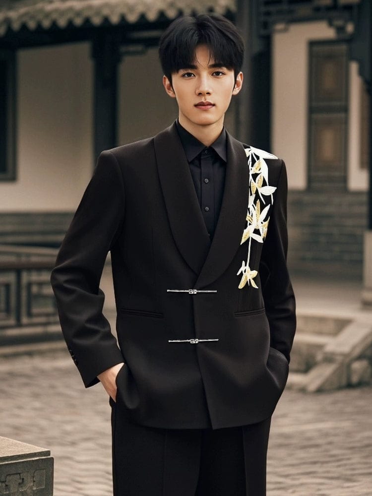 Beth and Brian Qipao-LM Gold bamboo leaf pattern, Men's Chinese Tang Suit Jacket, Chinese style Tang suit Jacket