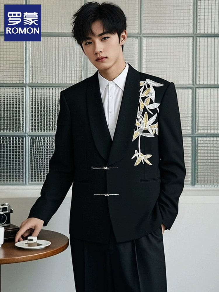 Beth and Brian Qipao-LM Gold bamboo leaf pattern, Men's Chinese Tang Suit Jacket, Chinese style Tang suit Jacket