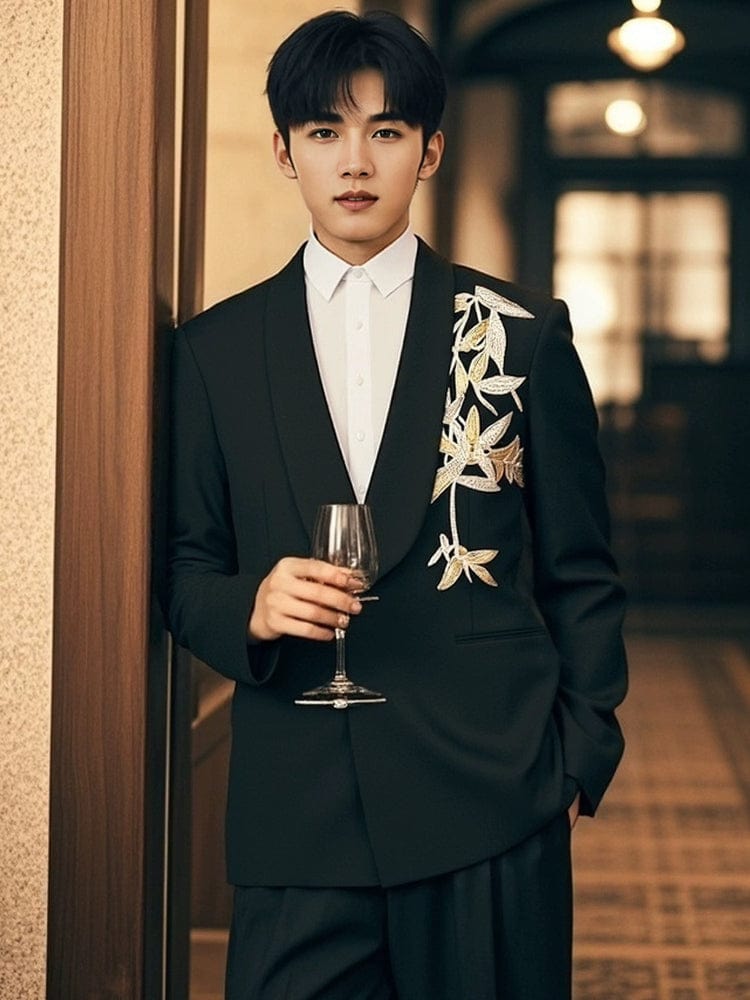 Beth and Brian Qipao-LM Gold bamboo leaf pattern, Men's Chinese Tang Suit Jacket, Chinese style Tang suit Jacket