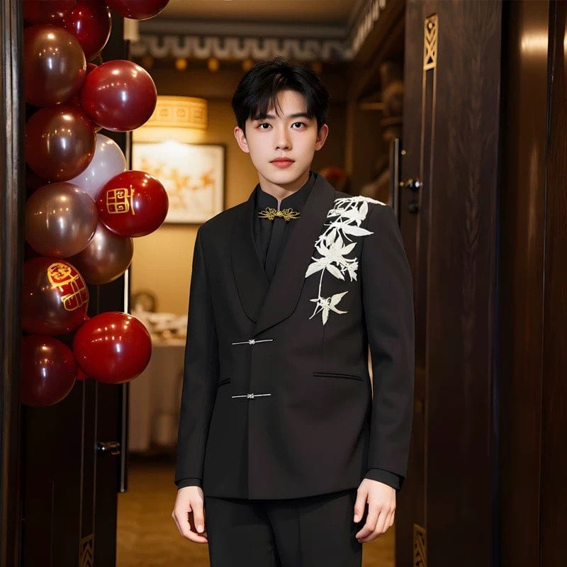 Beth and Brian Qipao-LM Gold bamboo leaf pattern, Men's Chinese Tang Suit Jacket, Chinese style Tang suit Jacket