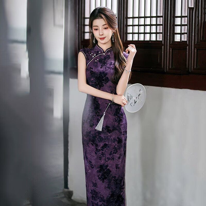 Beth and Brian Qipao-ZQYS Flocking fabric, floral pattern, purple midi Cheongsam