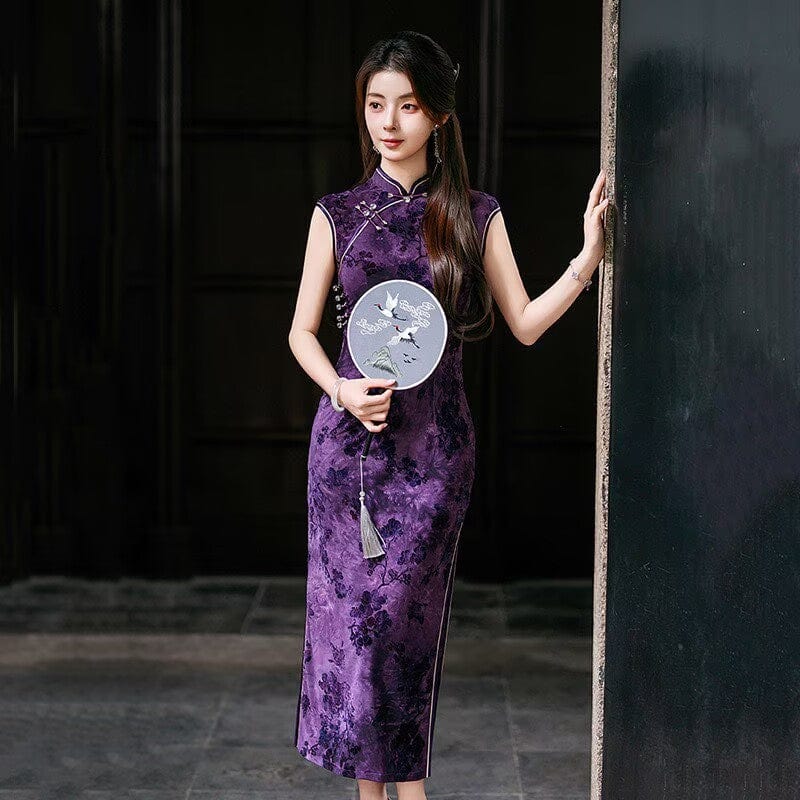 Beth and Brian Qipao-ZQYS Flocking fabric, floral pattern, purple midi Cheongsam