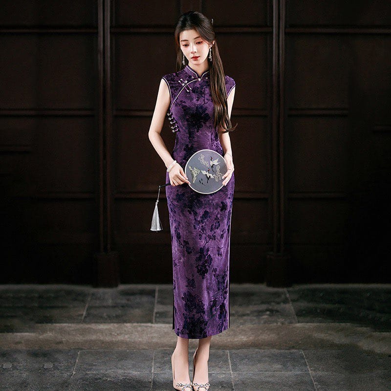 Beth and Brian Qipao-ZQYS Flocking fabric, floral pattern, purple midi Cheongsam