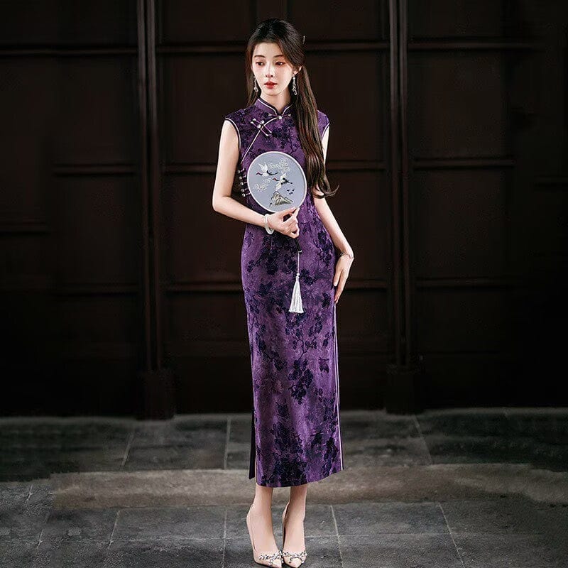 Beth and Brian Qipao-ZQYS Flocking fabric, floral pattern, purple midi Cheongsam