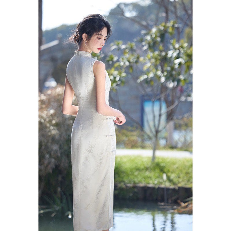 Beth and Brian Qipao-HY Bamboo leaf pattern, jacquard satin midi Cheongsam