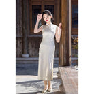 Beth and Brian Qipao-HY Bamboo leaf pattern, jacquard satin midi Cheongsam