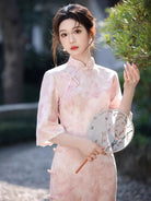 Beth and Brian Qipao-SMQ Fall and winter collection, floral pattern, daily pink midi Cheongsam