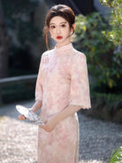 Beth and Brian Qipao-SMQ Fall and winter collection, floral pattern, daily pink midi Cheongsam
