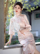 Beth and Brian Qipao-SMQ Fall and winter collection, floral pattern, daily pink midi Cheongsam