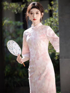 Beth and Brian Qipao-SMQ Fall and winter collection, floral pattern, daily pink midi Cheongsam
