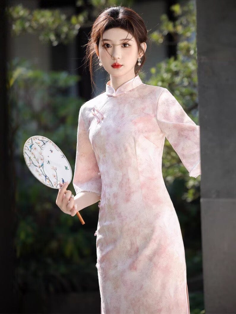 Beth and Brian Qipao-SMQ Fall and winter collection, floral pattern, daily pink midi Cheongsam